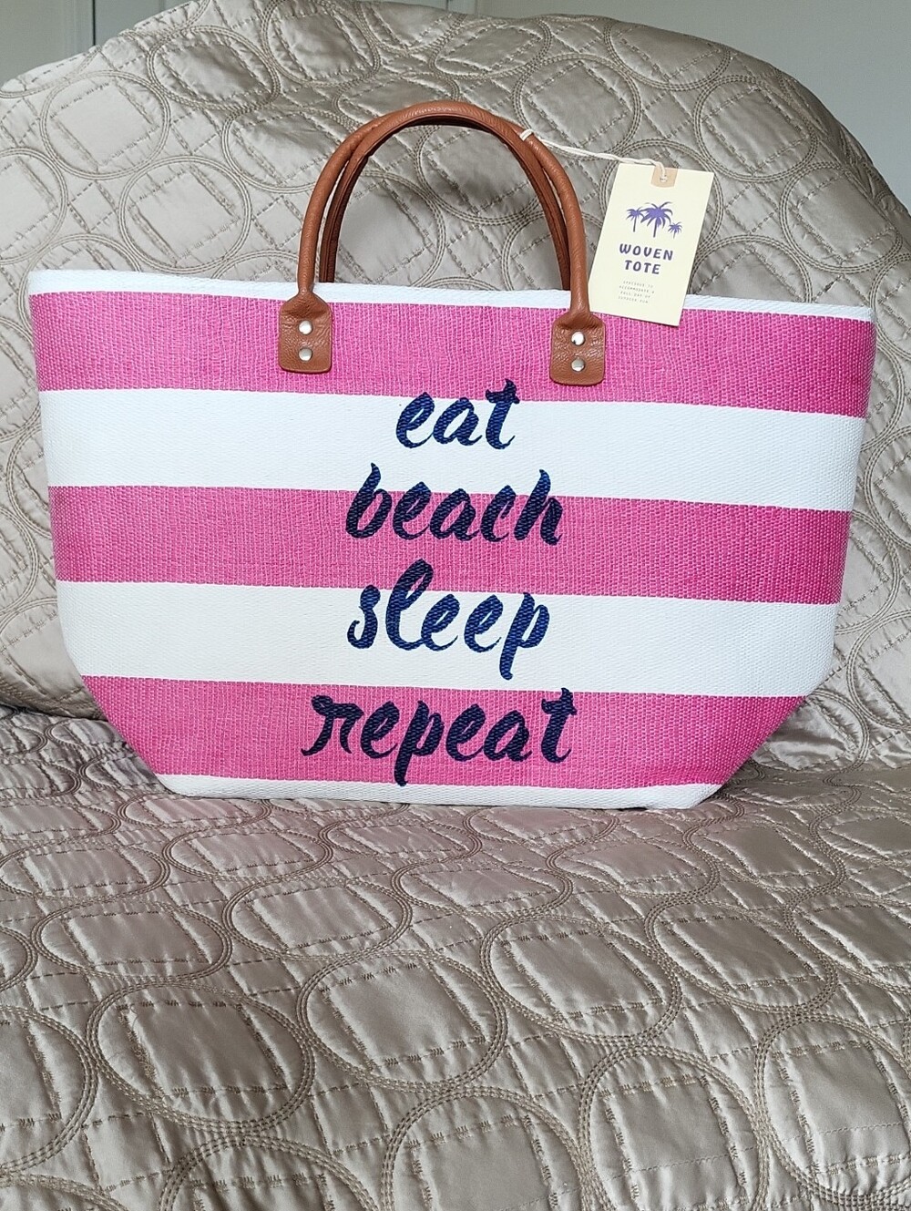 Woven Tote Pink & White Striped Beach Bag.